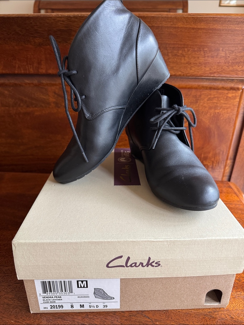 Clarks Black Leather Wedge Lace-Up Ankle Boots
